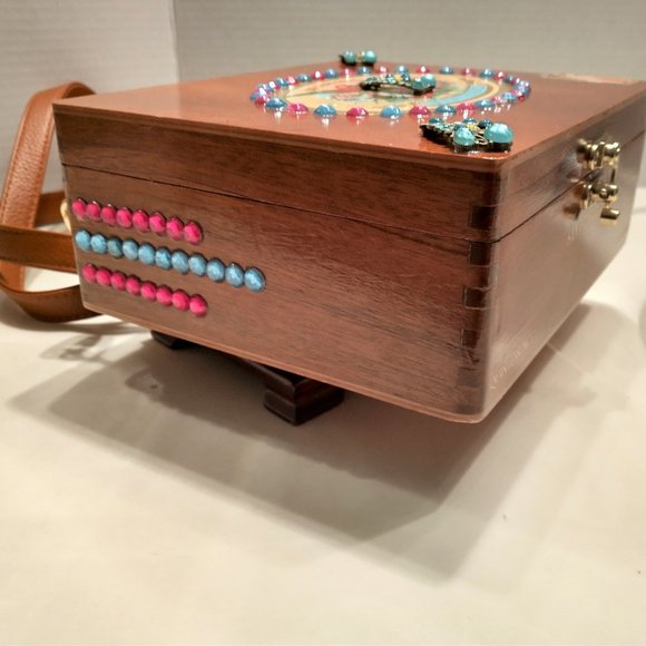 Suenos de Saundra Upcycled Pink/Turquoise Gem Upcycled Cigar Box Purse - Picture 5 of 13